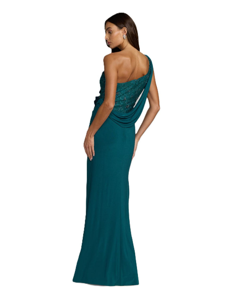 13210 - Teal One Shoulder Draped Jersey Gown With 3D Flowers by Mac Duggal in green color for women Worldwide