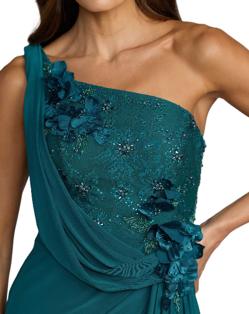 13210 - Teal One Shoulder Draped Jersey Gown With 3D Flowers by Mac Duggal in green color for women Worldwide