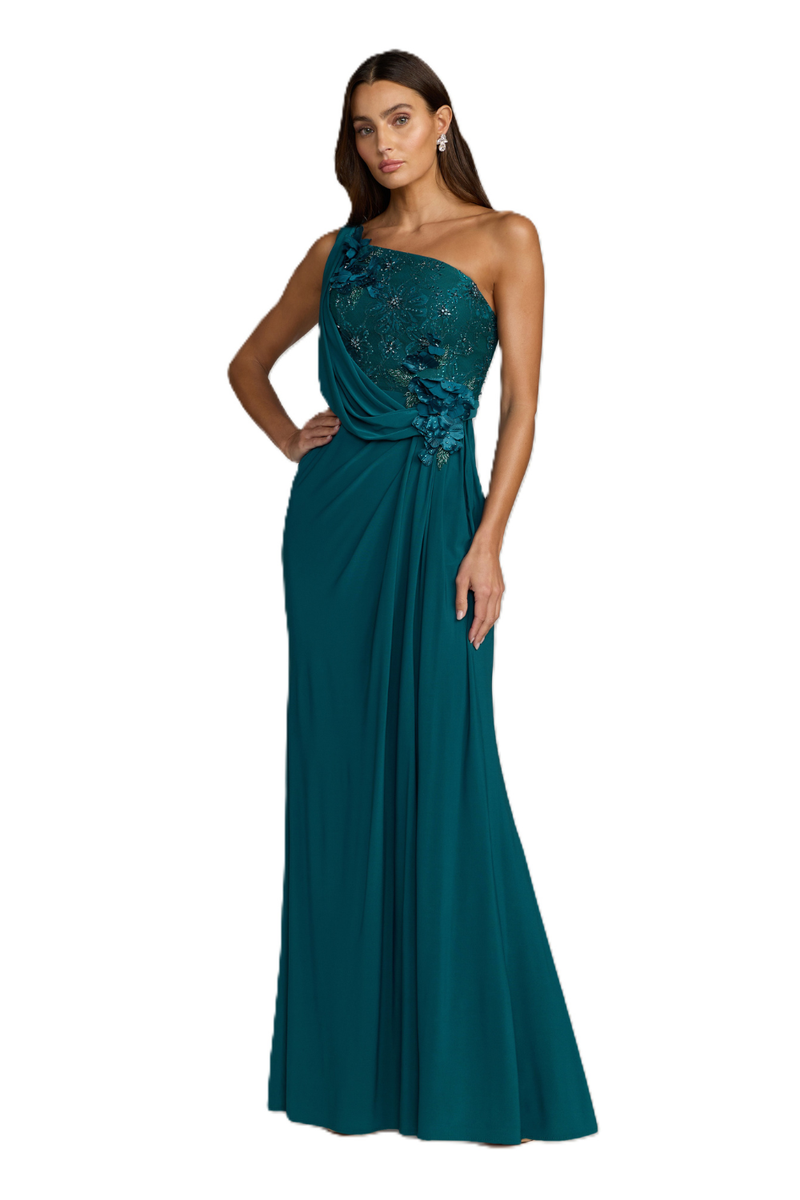 13210 - Teal One Shoulder Draped Jersey Gown With 3D Flowers by Mac Duggal in green color for women Worldwide