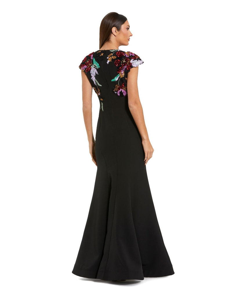 13211 - Black Floral Sequin Embellished Trumpet Gown by Mac Duggal in black color for women Worldwide
