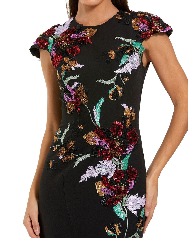13211 - Black Floral Sequin Embellished Trumpet Gown by Mac Duggal in black color for women Worldwide