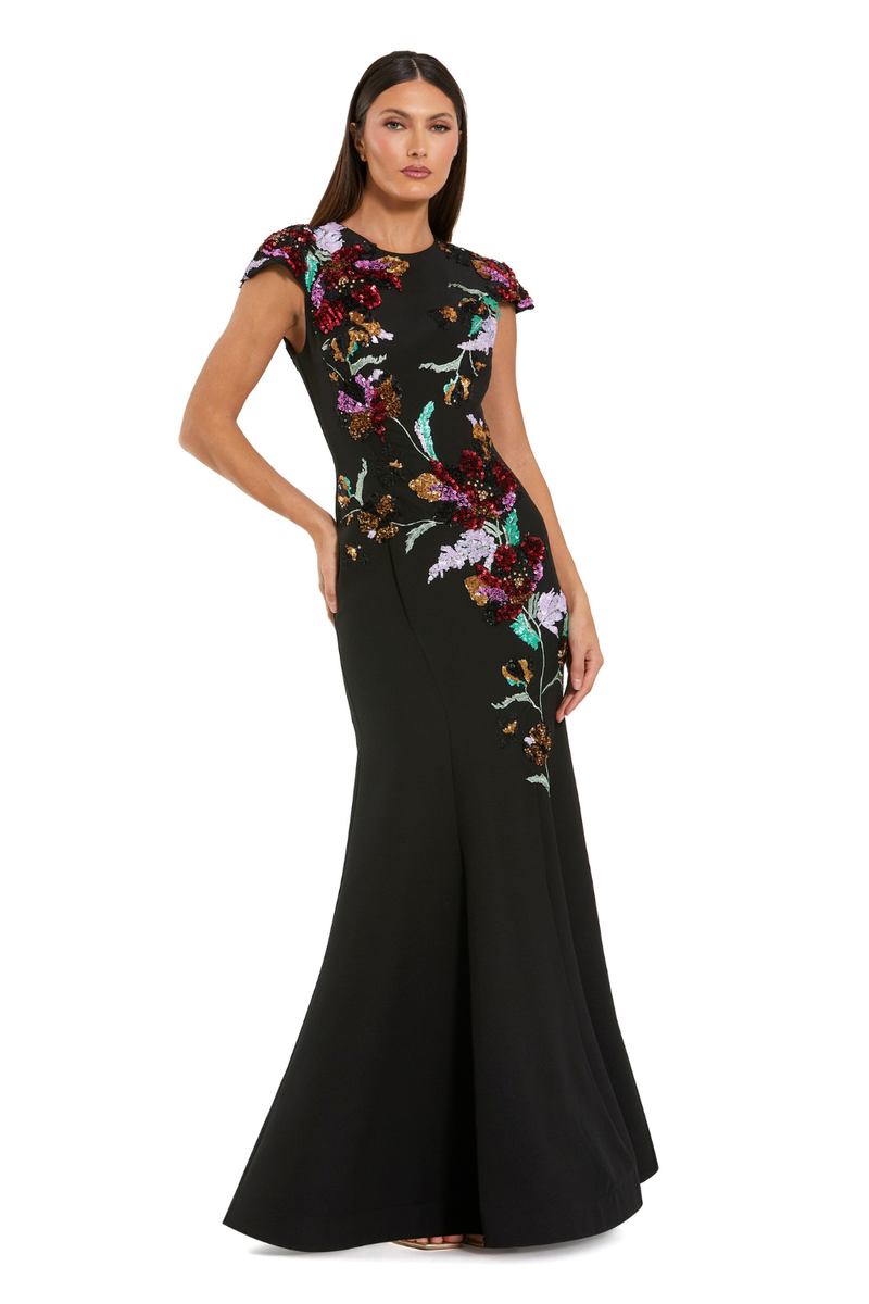 13211 - Black Floral Sequin Embellished Trumpet Gown by Mac Duggal in black color for women Worldwide