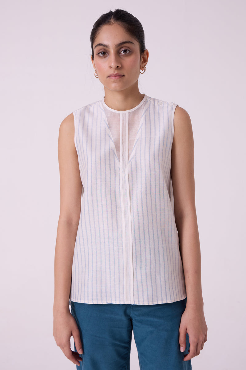 Sora Striped Handwoven Top handwoven chanderi & handwoven cotton top/shirt by The Summer House in off white for women Worldwide
