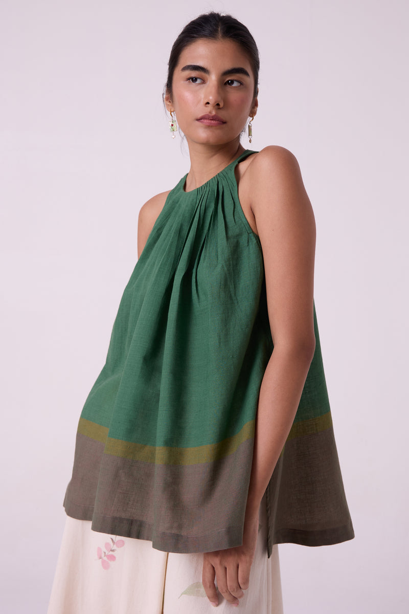 Margo Green Colourblocked Handwoven Top handwoven cotton top/shirt by The Summer House in green for women Worldwide