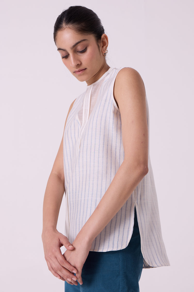 Sora Striped Handwoven Top handwoven chanderi & handwoven cotton top/shirt by The Summer House in off white for women Worldwide