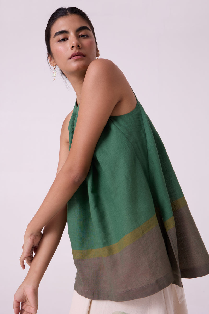 Margo Green Colourblocked Handwoven Top handwoven cotton top/shirt by The Summer House in green for women Worldwide
