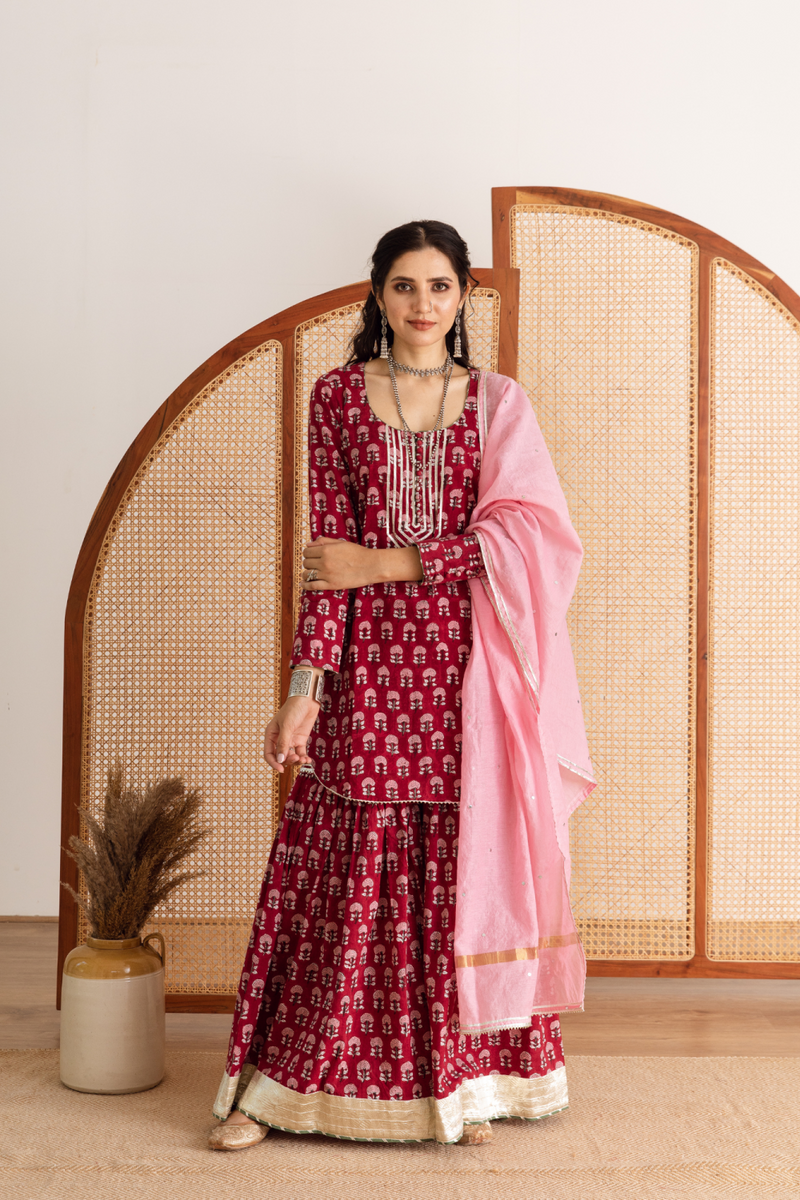 Gulaab gainda sharara set - red hand block printed cotton sharara set cotton by Maison Shefali in red color for women Worldwide