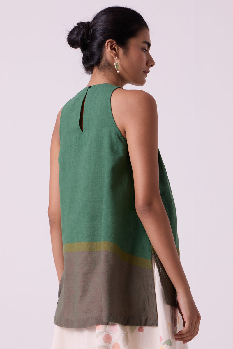 Margo Green Colourblocked Handwoven Top handwoven cotton top/shirt by The Summer House in green for women Worldwide