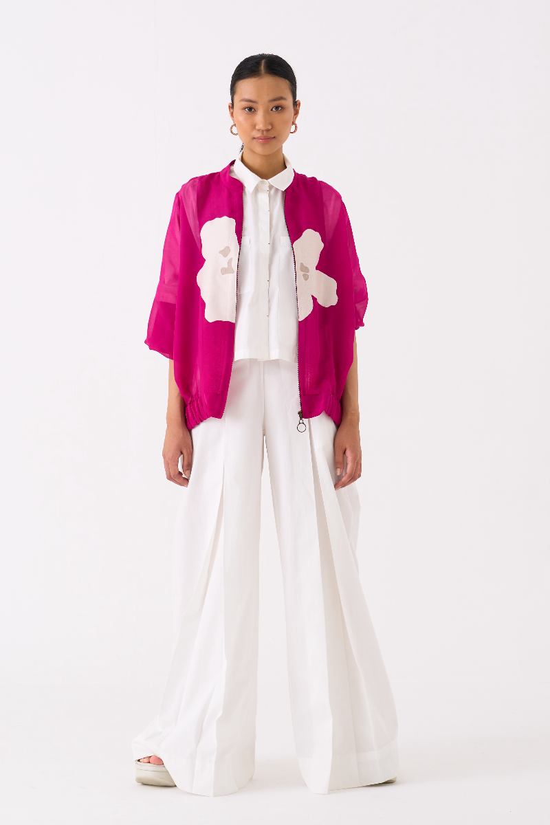 FLORAL APPLIQUE BOMBER JACKET-FUSCHIA organza by THREE for women Worldwide