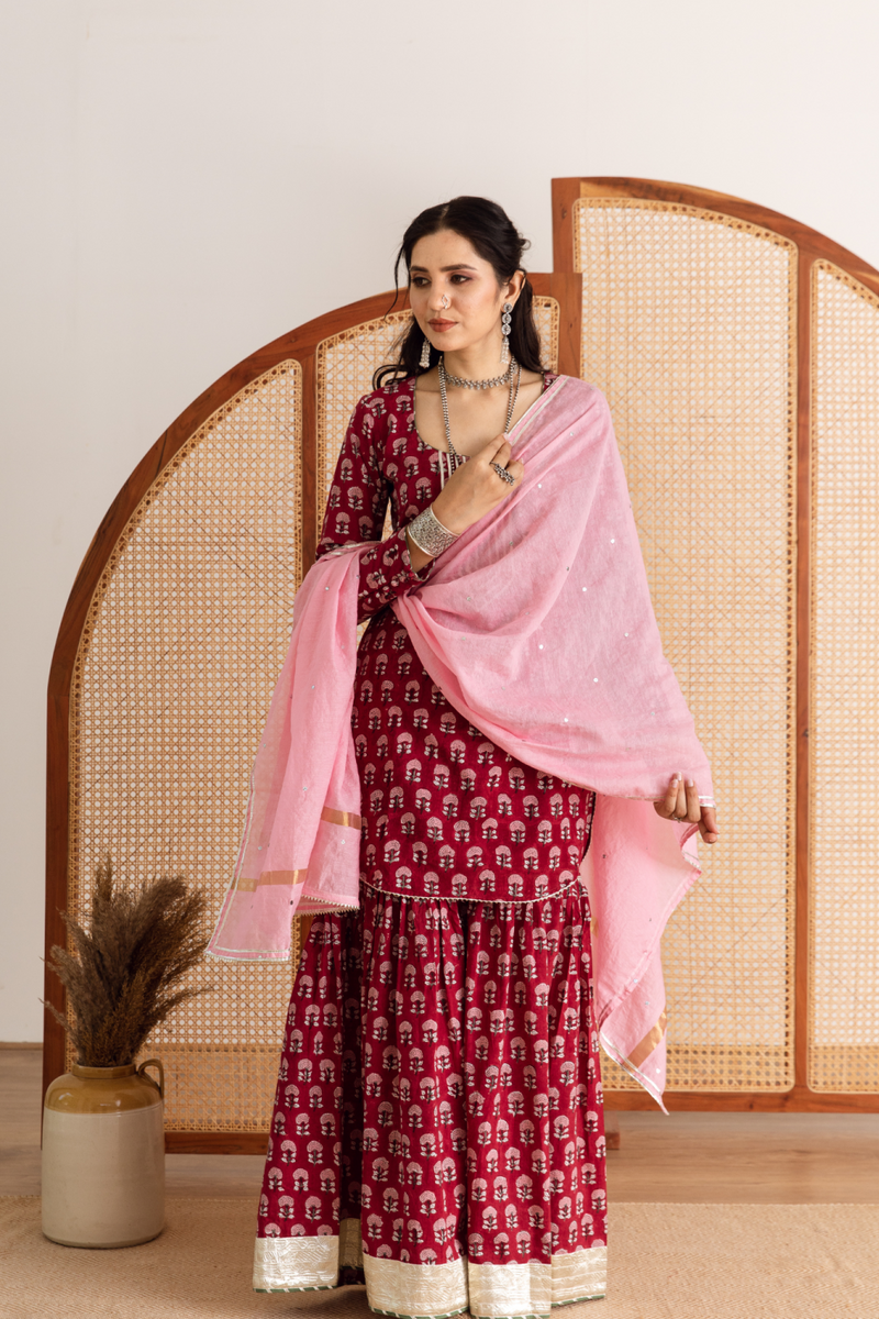 Gulaab gainda sharara set - red hand block printed cotton sharara set cotton by Maison Shefali in red color for women Worldwide