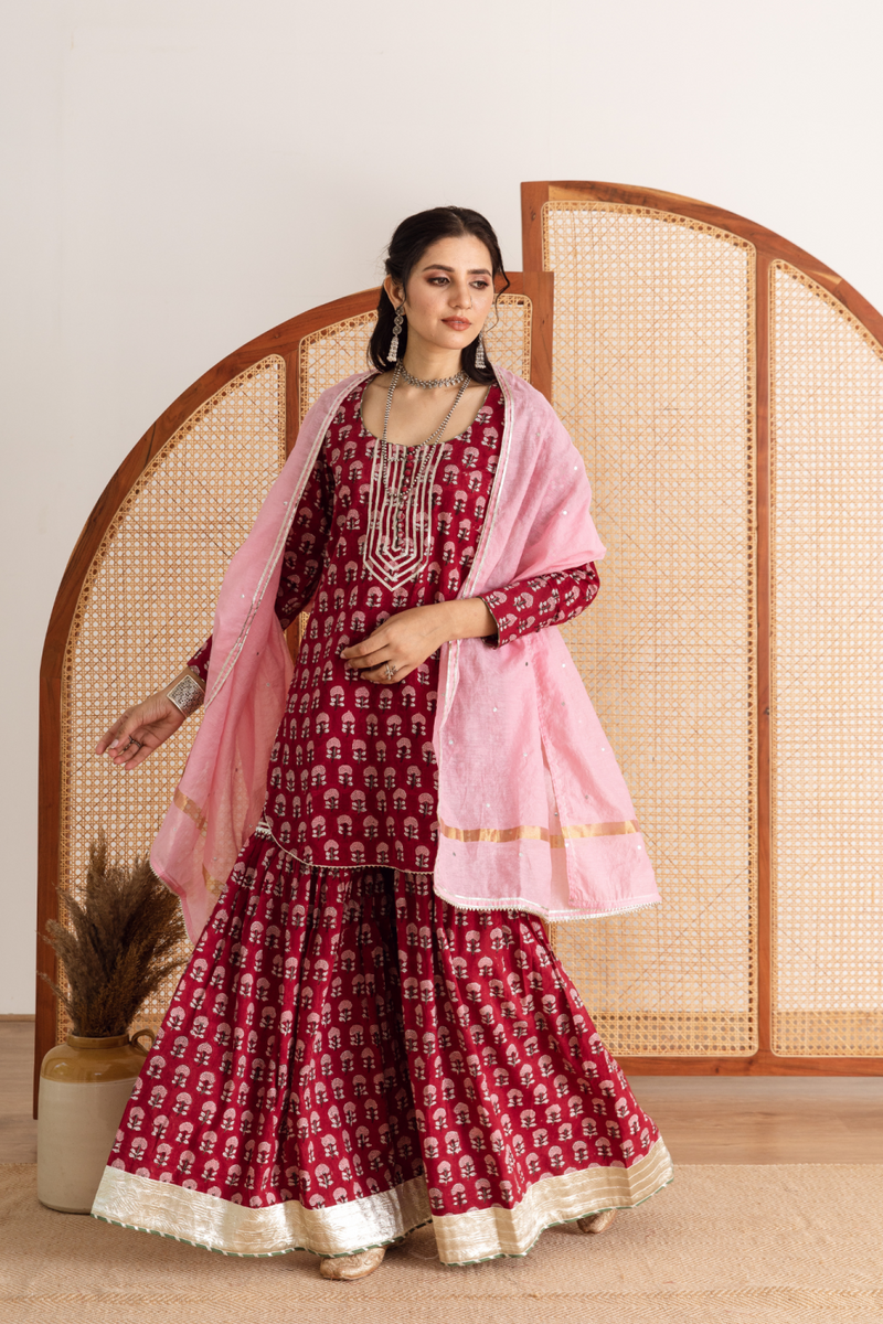Gulaab gainda sharara set - red hand block printed cotton sharara set cotton by Maison Shefali in red color for women Worldwide