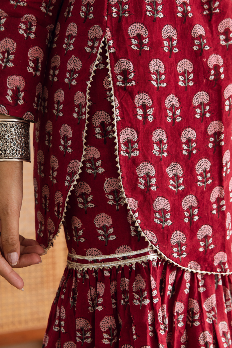 Gulaab gainda sharara set - red hand block printed cotton sharara set cotton by Maison Shefali in red color for women Worldwide