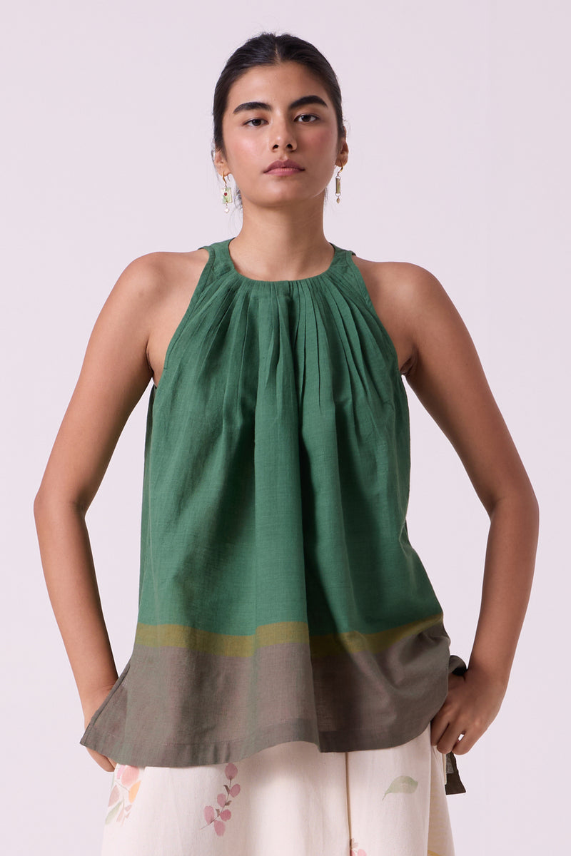 Margo Green Colourblocked Handwoven Top handwoven cotton top/shirt by The Summer House in green for women Worldwide