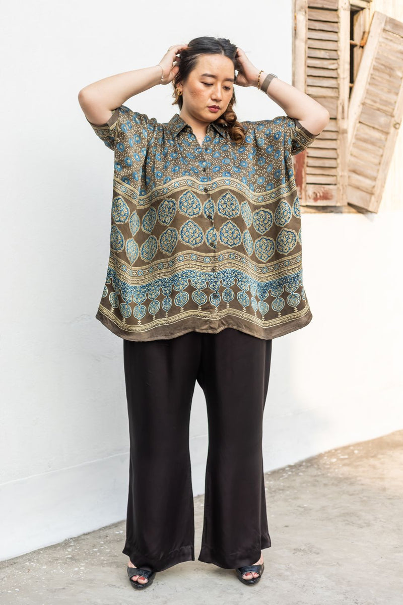 Dorset Beige Antifit Shirt Shirt & Pants Two-Piece Set satin by PRAHNAAYA in beige color for women Worldwide