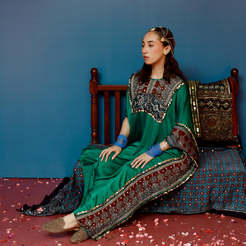 Saron Green Kaftan Set satin by PRAHNAAYA in green color for women Worldwide