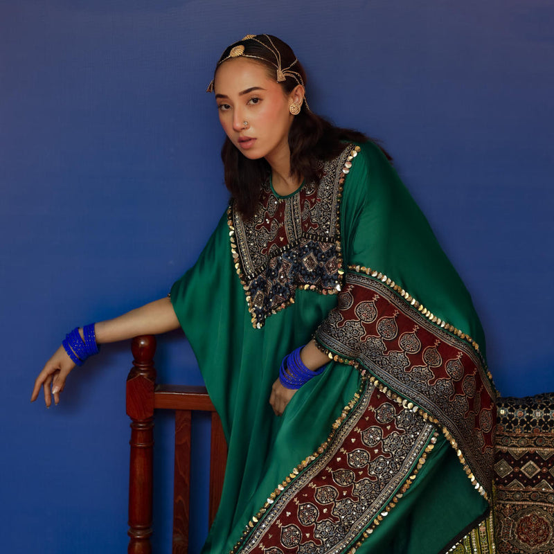 Saron Green Kaftan Set satin by PRAHNAAYA in green color for women Worldwide