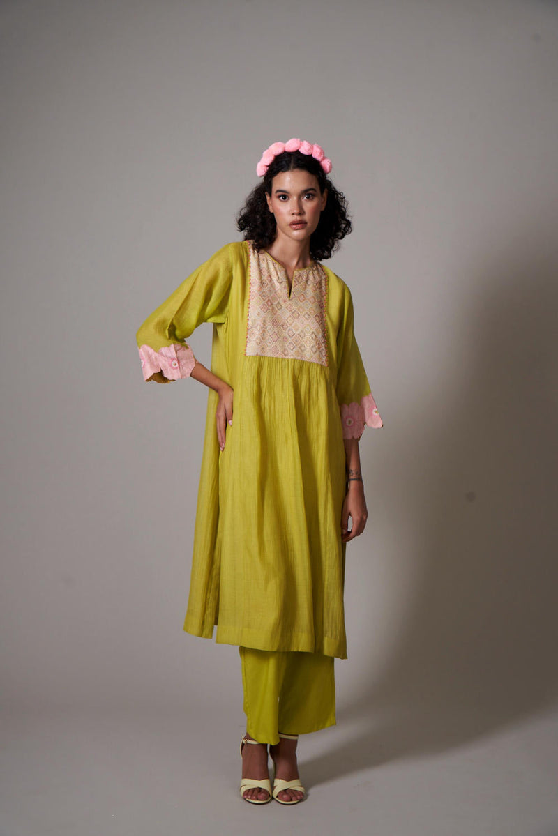 Gekka Lime mul cotton silk kurta set silk by Priti Prashant for women Worldwide