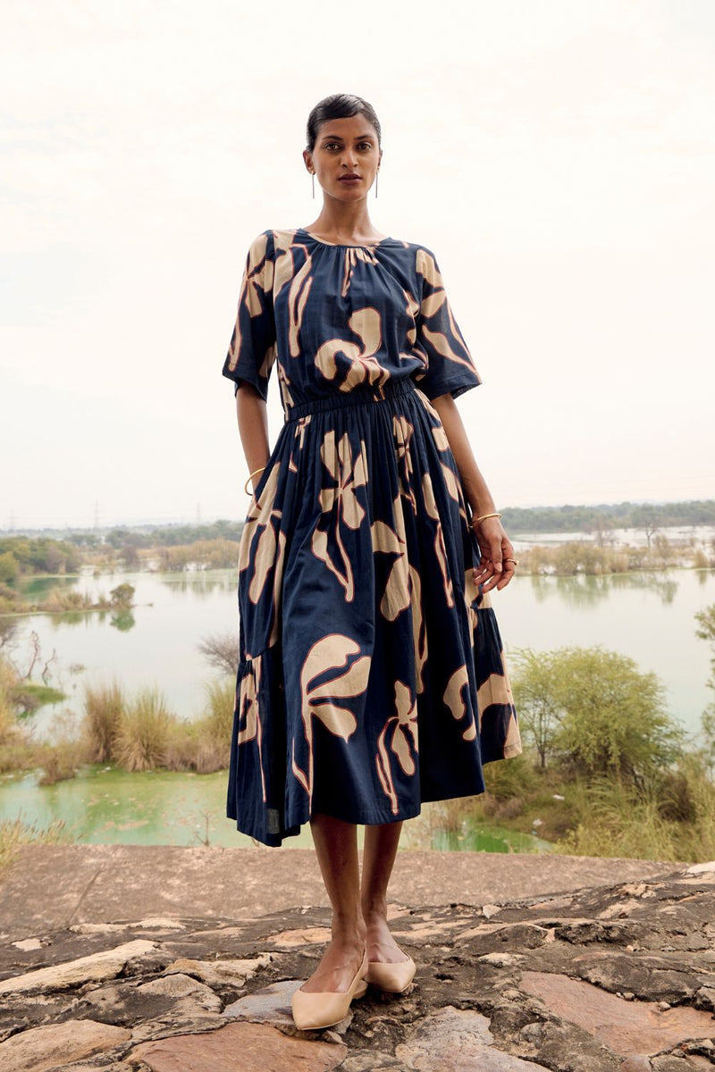 Bulbul dress cotton by Khara Kapas in blue for women Worldwide