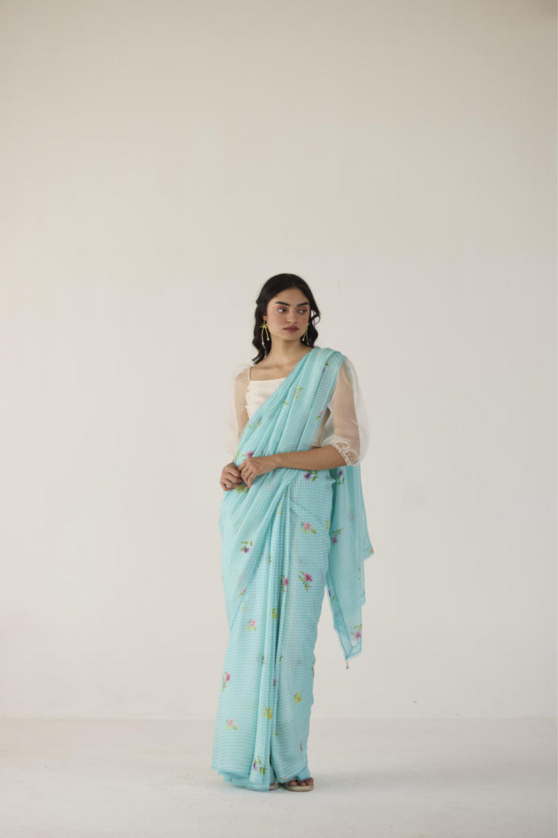 Serene Meadow Mulberry Organza Silk Sari-Blue checks organza by Nadiya Paar in blue color for women Worldwide