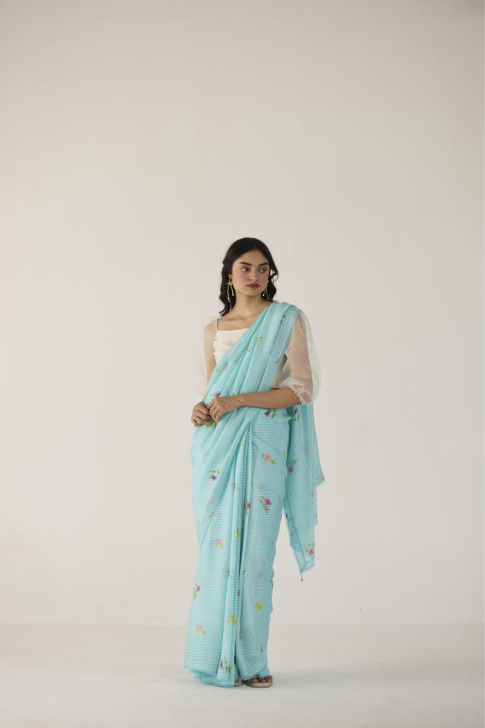 Serene Meadow Mulberry Organza Silk Sari-Blue checks