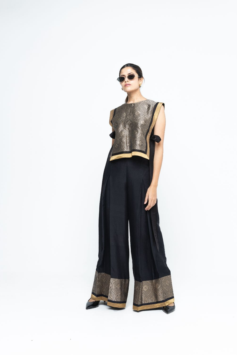 Miri - Brocade Bib with Pant Set - Black silk by SOBARIKO in black color for women Worldwide