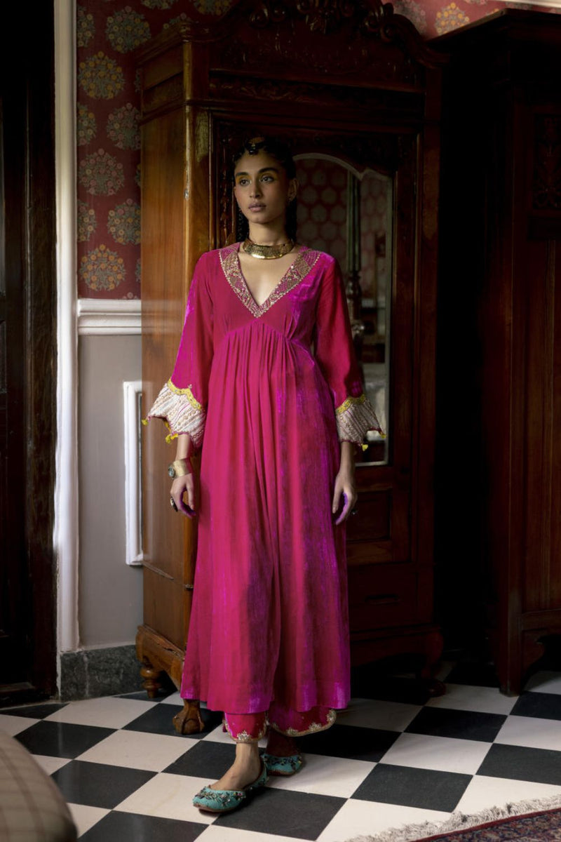 Fariba Hot Pink Bell Sleeve Velvet Kurta Set Kurta Sets by Rajiramniq for women Worldwide