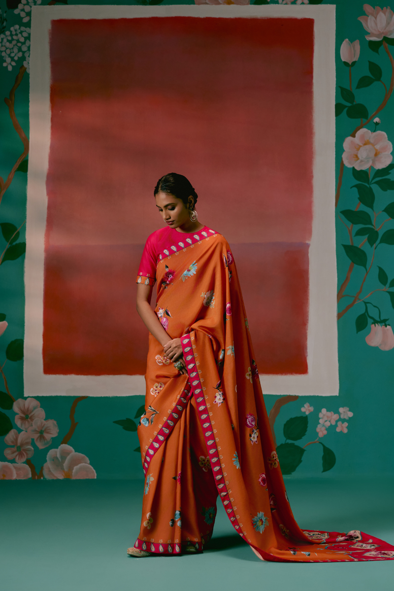 Tangerine & Fuschia Floral Saree by Label Mogra for women Worldwide