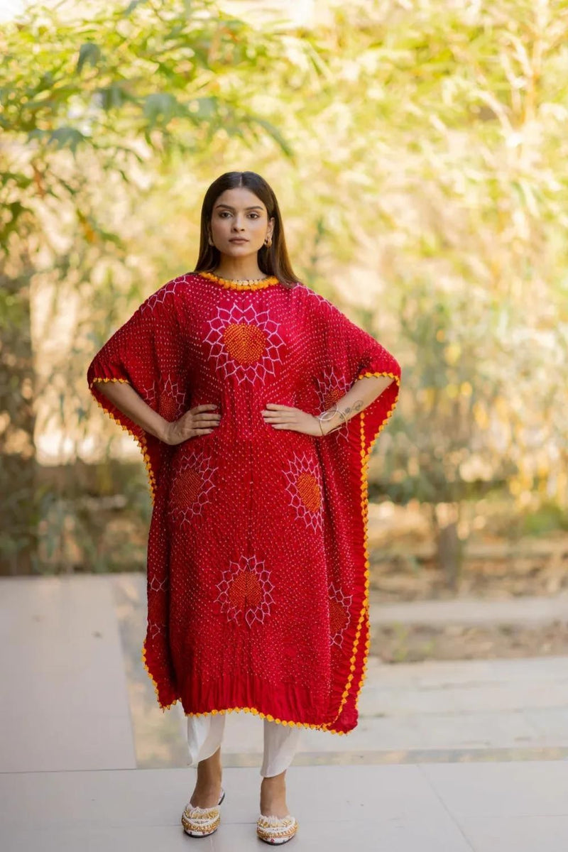 VALLEY OF FLOWERS KAFTAN-RED silk by Dyelogue in red color for women Worldwide