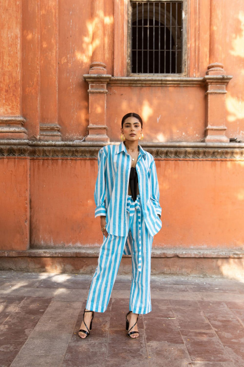 Oh Beach Stripes Co-Ord Set - Striped Cotton Co-Ord Set cotton Co-ord Set by Marche in blue color for women Worldwide