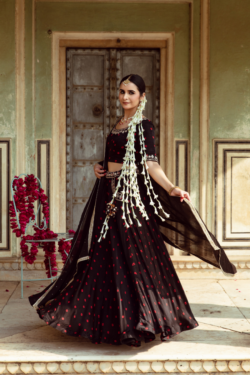 Black & Red Bandhej Print Lehenga Set satin by Maison Shefali in multi color for women Worldwide