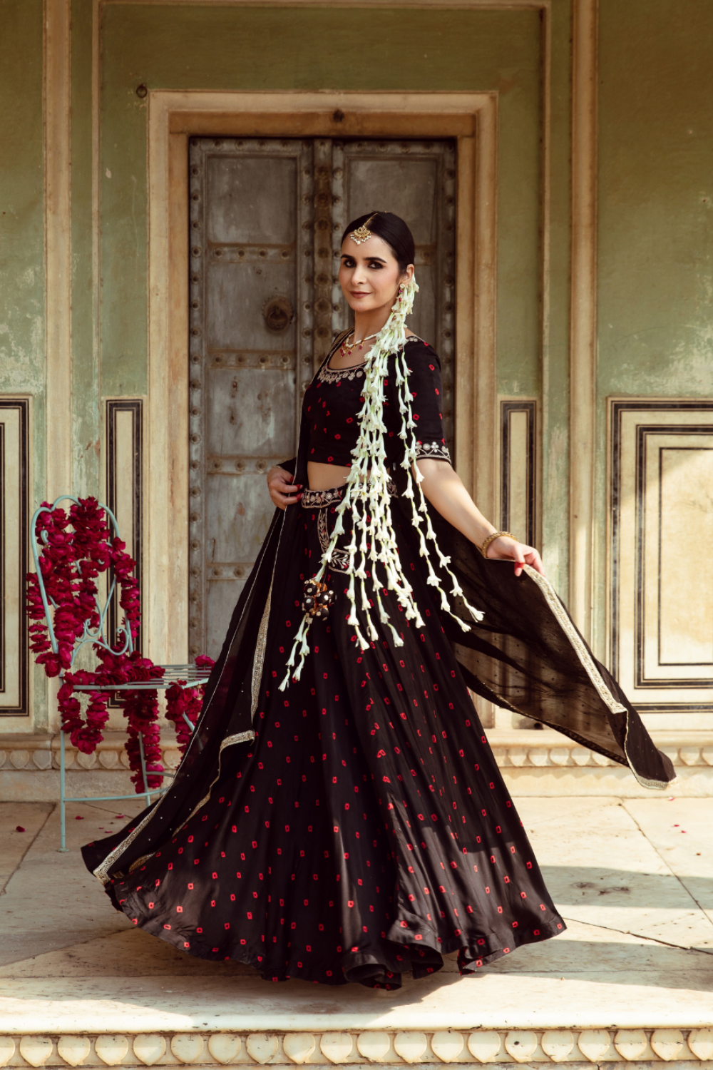 Black & Red Bandhej Print Lehenga Set