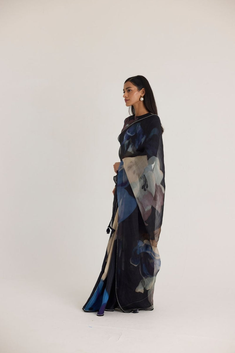 ROCCO HALF SILK & HALF ORGANZA SAREE organza by Yam in black color for women Worldwide