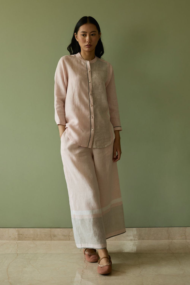 Aline Mandarin Collar Border Linen Shirt-Blush linen by Manan in blush color for women Worldwide