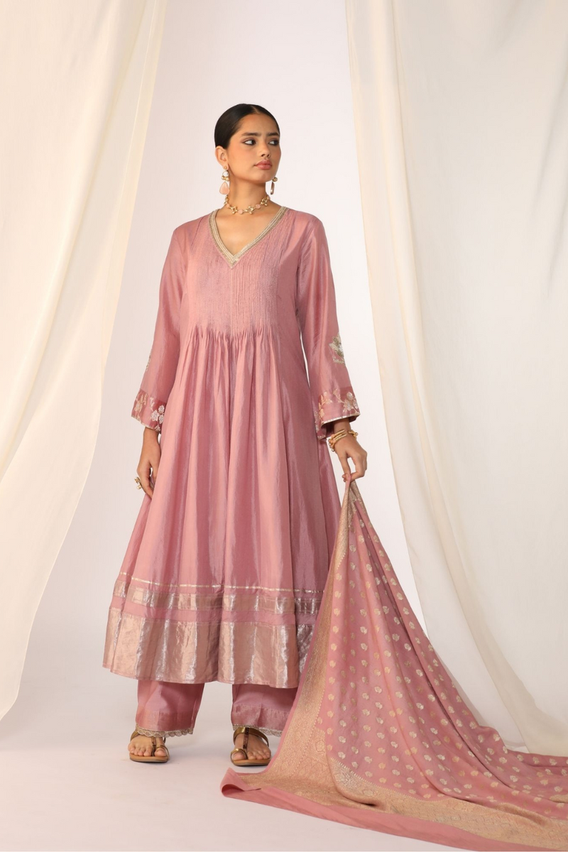 Silk pintucked kurta with handwork embroidery chanderi by Myoho in pink color for women Worldwide