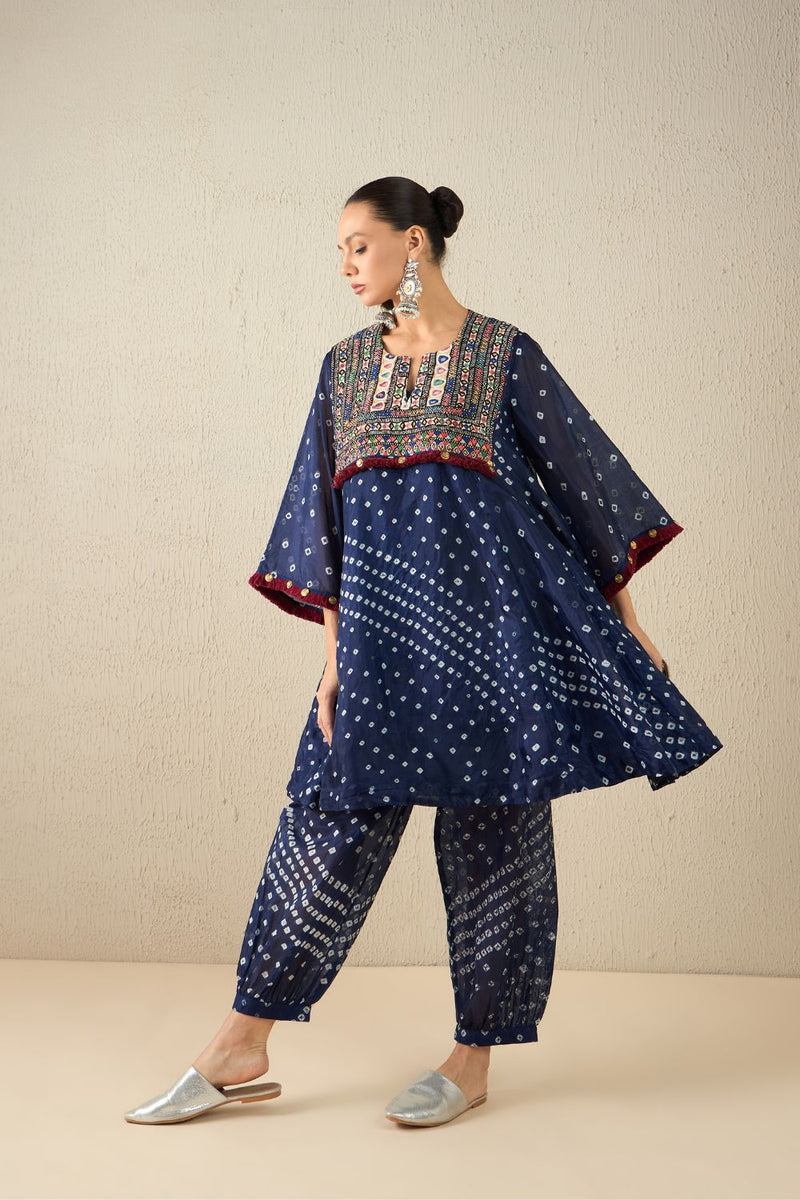 AFGHANI BANDHANI SET - Navy Blue silk by Aavidi in yellow color for women Worldwide