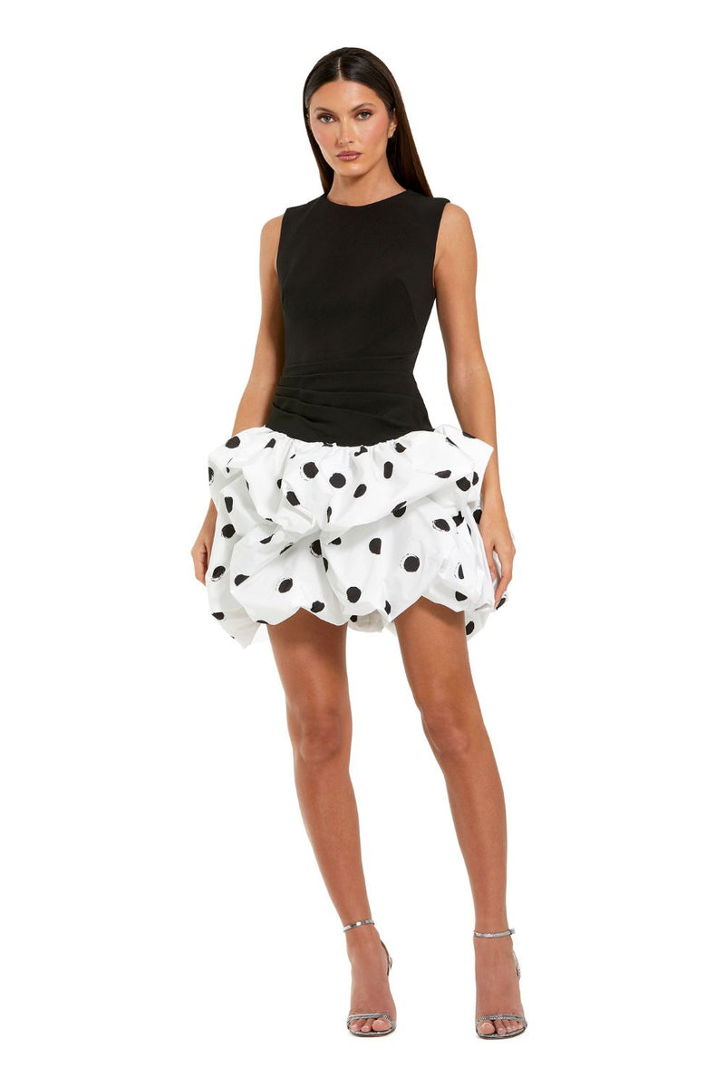 21150-Black and White Polka Dot Bubble Skirt Mini Dress by Mac Duggal in black color for women Worldwide