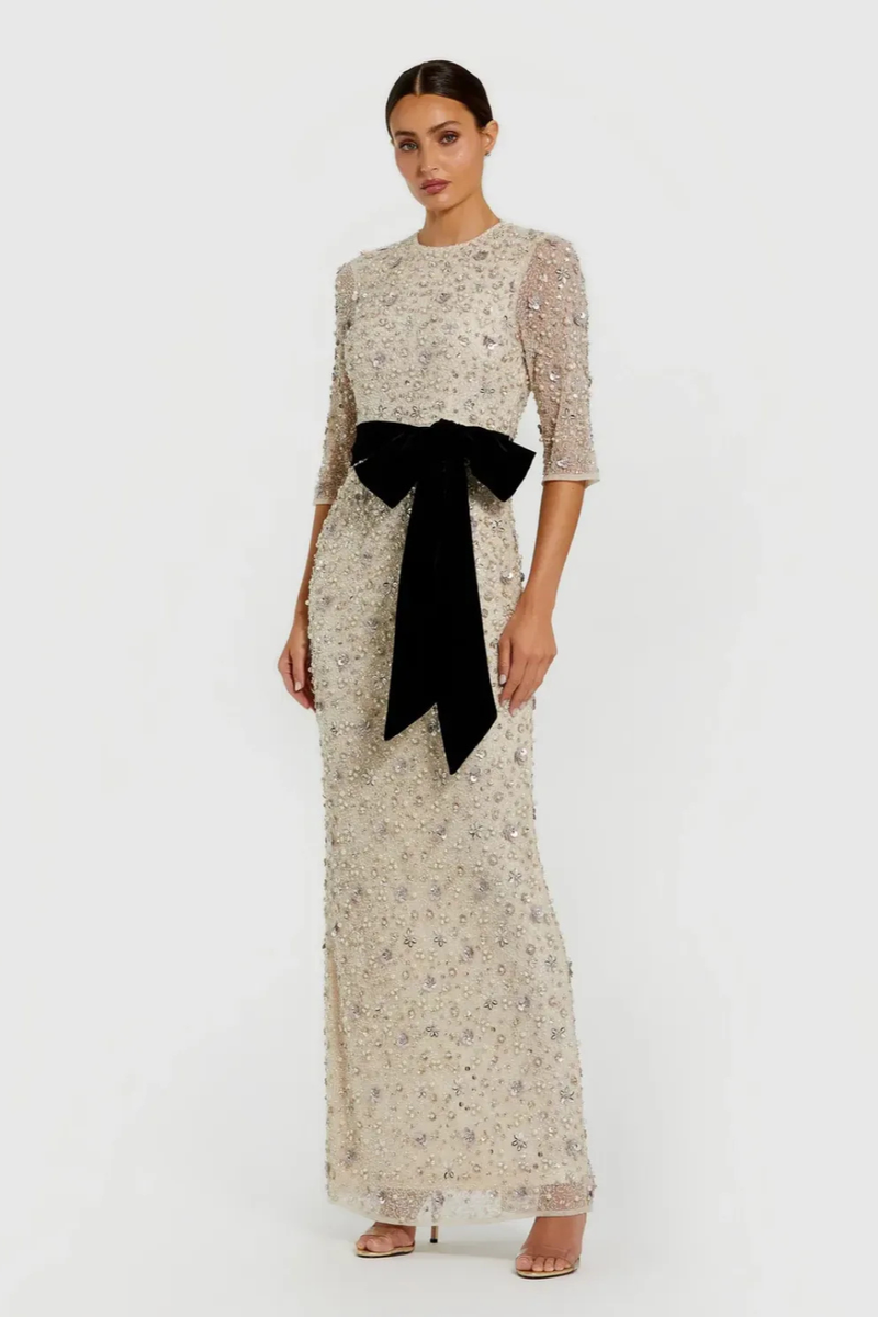Ivory Embellished Evening Gown with Velvet Bow by Mac Duggal in white color for women Worldwide