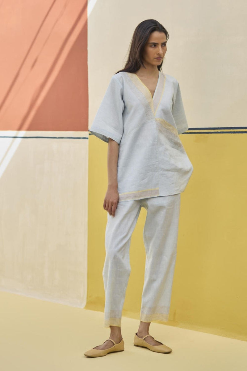 Moriko Border Linen Top - Sky by Manan in blue color for women Worldwide