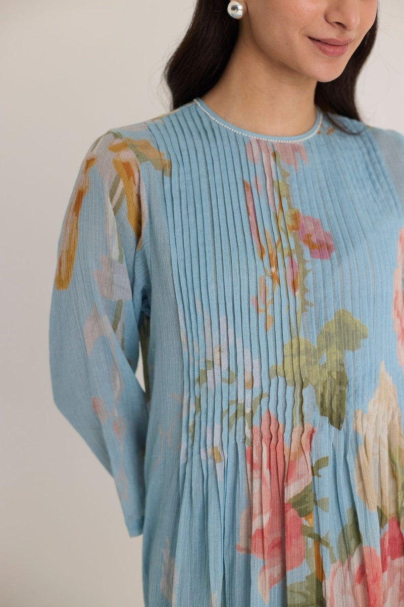 TAFFY PINTUCKS KURTA SET cotton by Yam in blue color for women Worldwide