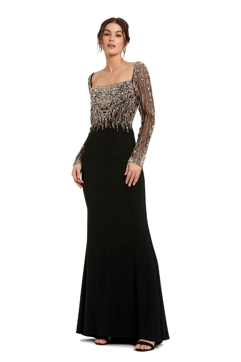 2256-Beaded Square Neck Long Sleeve Jersey Gown by Mac Duggal in black color for women Worldwide