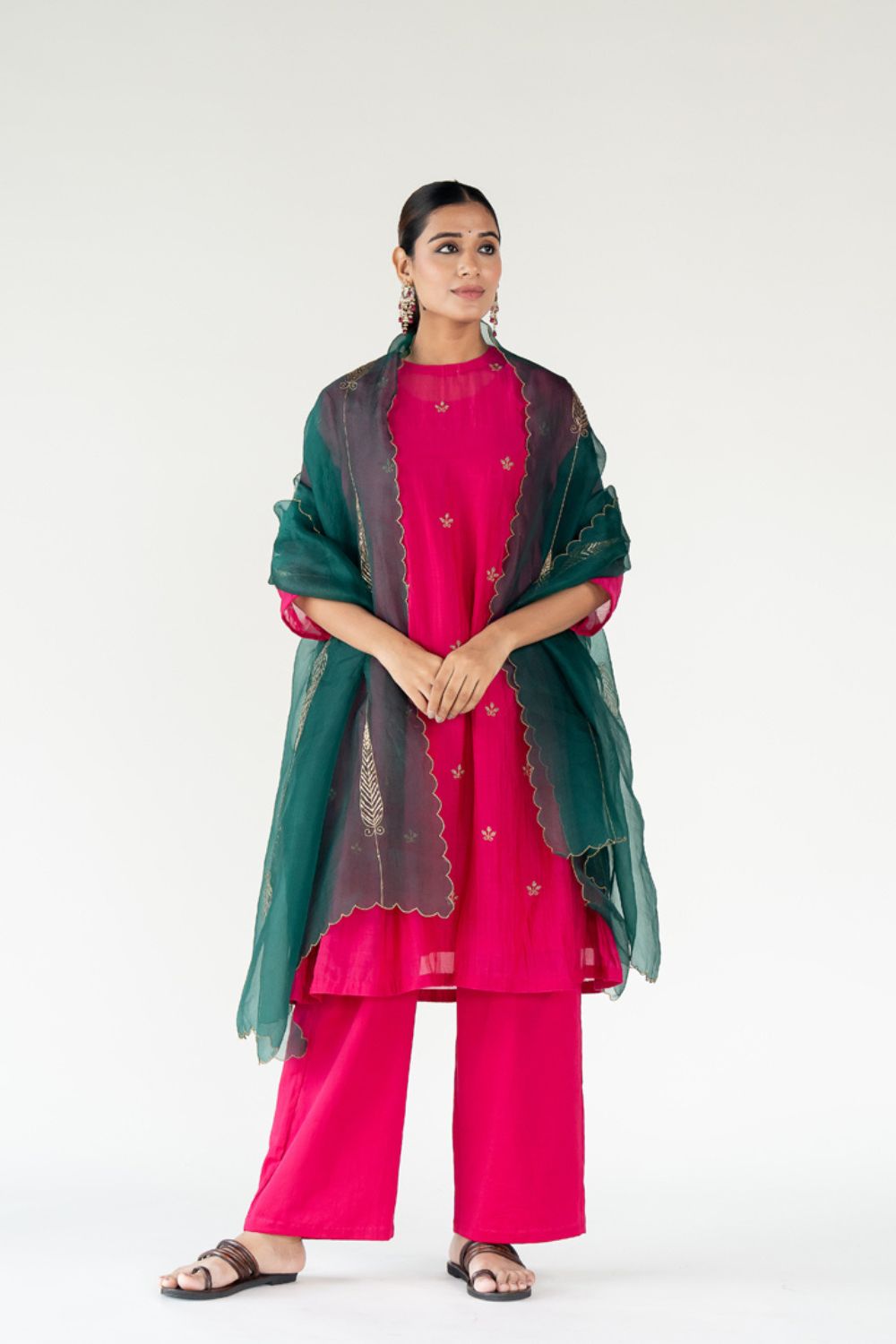 Ekra Kurta Set 
with Shama Odhani-Rani Pink & Emerald