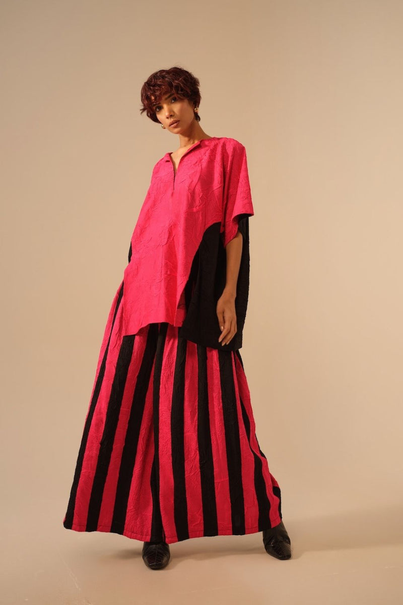 Twin Pants-Pink + Black crushed silk pants/trousers by Stoique in pink, black for women Worldwide