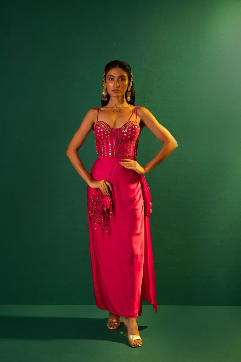 Chamakeen Mirror Sequin Blouse with Skirt satin by PRAHNAAYA in pink color for women Worldwide