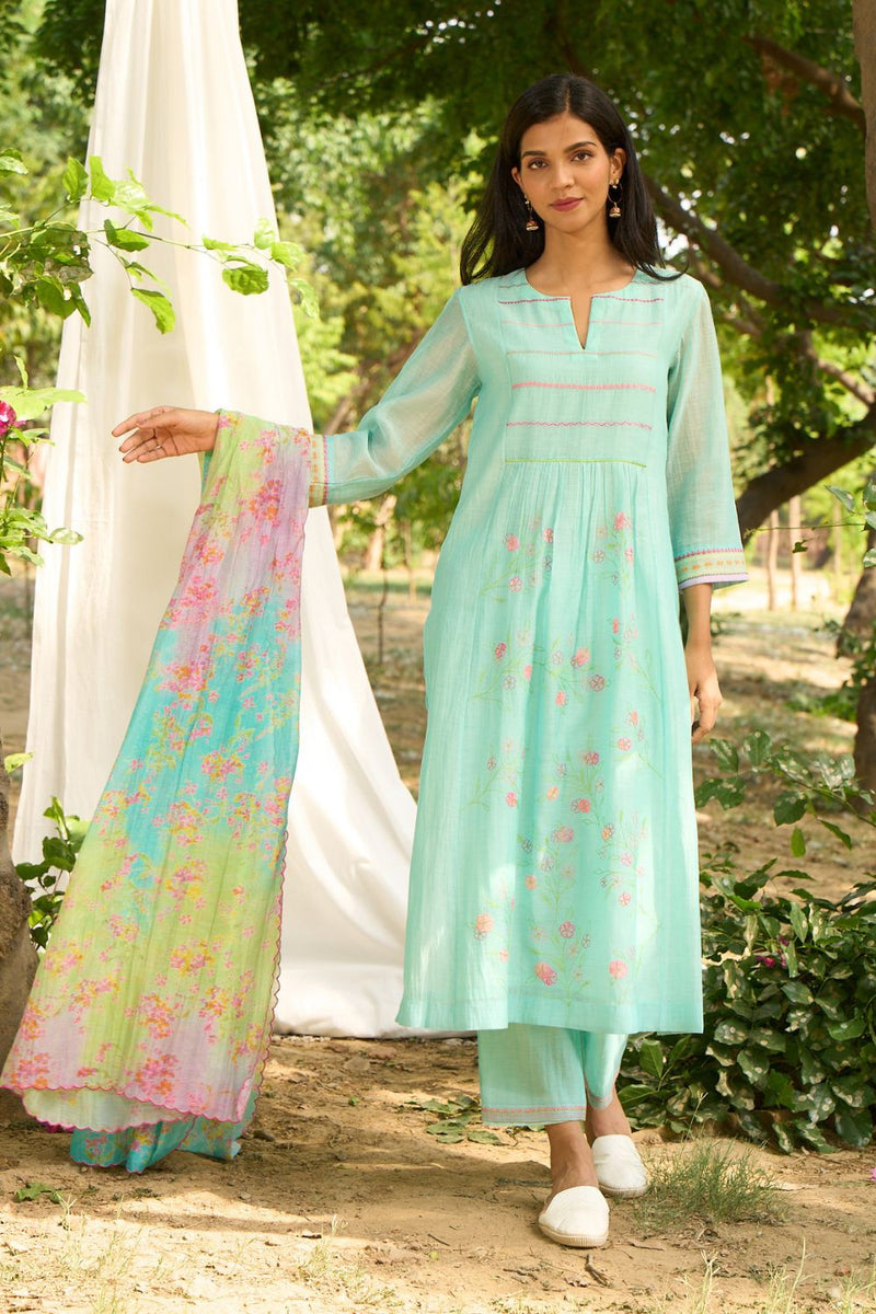 Papiha Kurta Set-Turquoise silk by Priti Prashant for women Worldwide