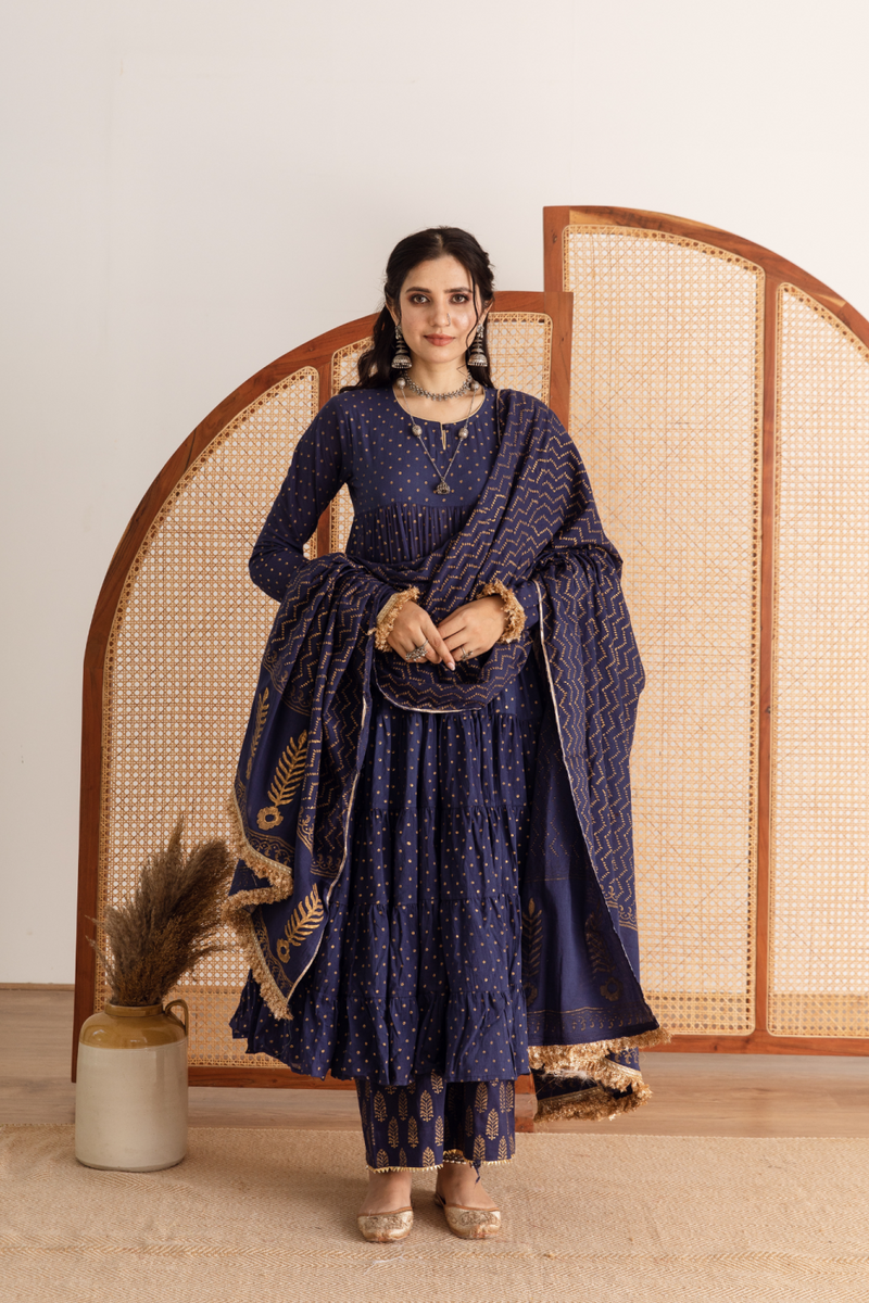 Neela Kurta Set - blue hand printed cotton kalidar suit set cotton by Maison Shefali in blue color for women Worldwide