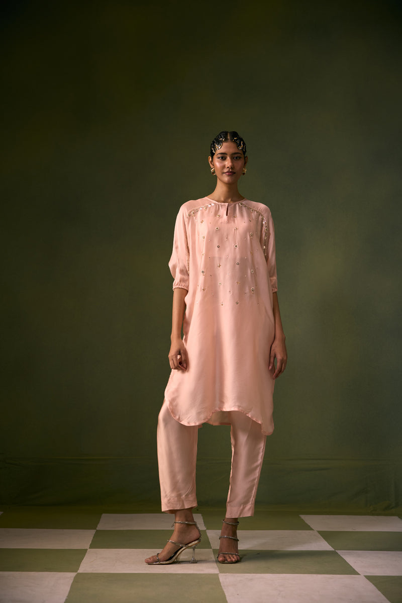 Acove Tea Rose Antifit Kurta Set vegan satin, organza satin kurta/kurta set by PRAHNAAYA in pink for women Worldwide