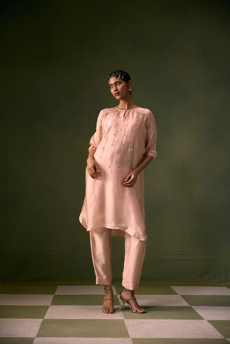 Acove Tea Rose Antifit Kurta Set vegan satin, organza satin kurta/kurta set by PRAHNAAYA in pink for women Worldwide