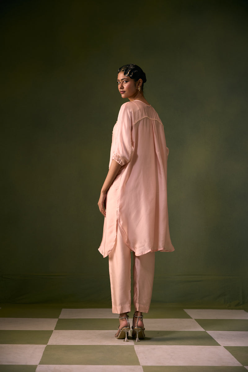 Acove Tea Rose Antifit Kurta Set vegan satin, organza satin kurta/kurta set by PRAHNAAYA in pink for women Worldwide