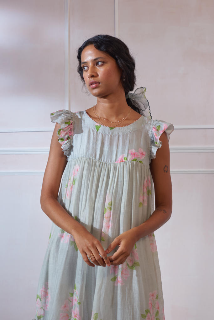 Ice Cube Bougainvillea Dress silk by Nadiya Paar in grey color for women Worldwide