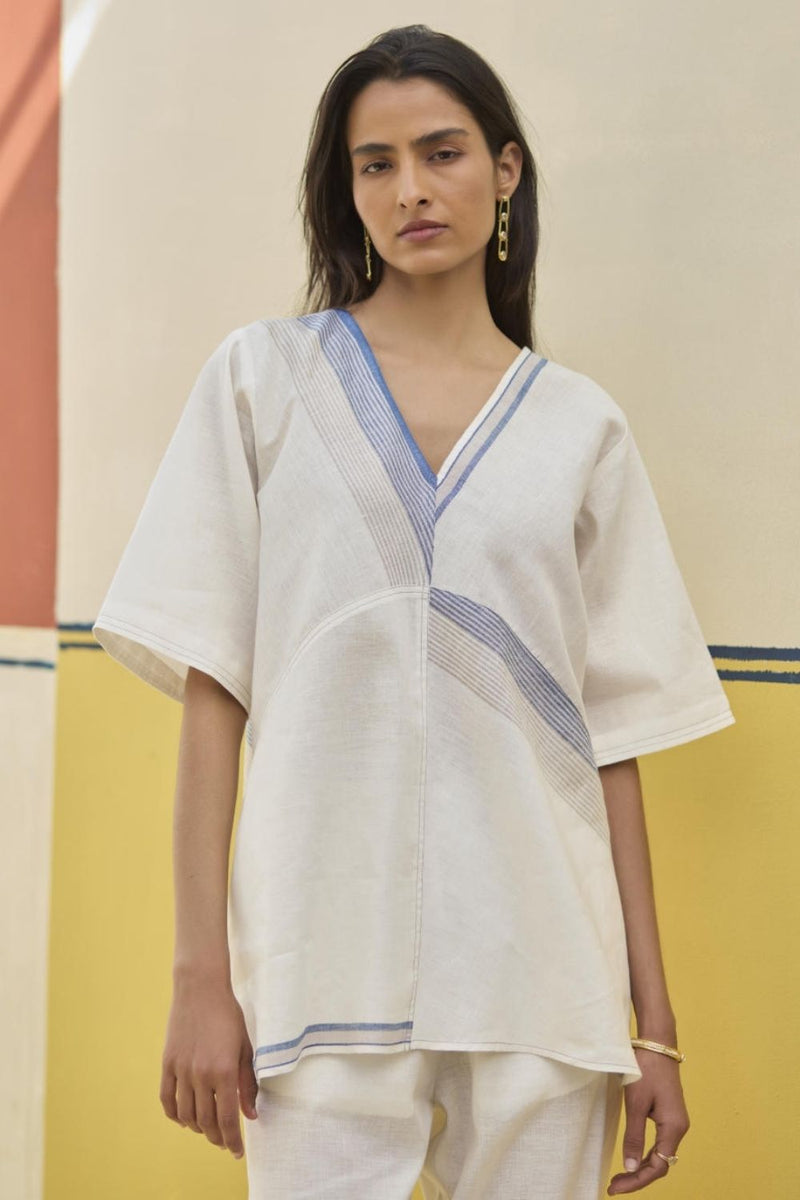 Moriko Border Linen Top - Ivory by Manan in ivory color for women Worldwide